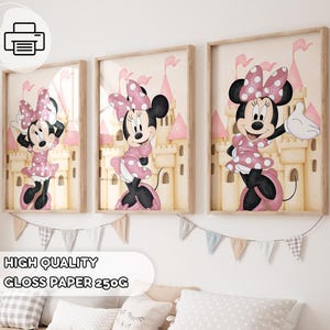 Set van 3 pastel Minnie Mouse-prints - Mickey & Mouse, kinderkamerdecoratie, speelkamerprints, cadeau voor meisjes, aquareltekening wandkunst
