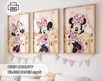 May include: Three framed prints featuring a cartoon character in a pink dress with white polka dots. The character is standing in front of a castle with pink towers. The prints are on a white wall with a garland of flags hanging below them.