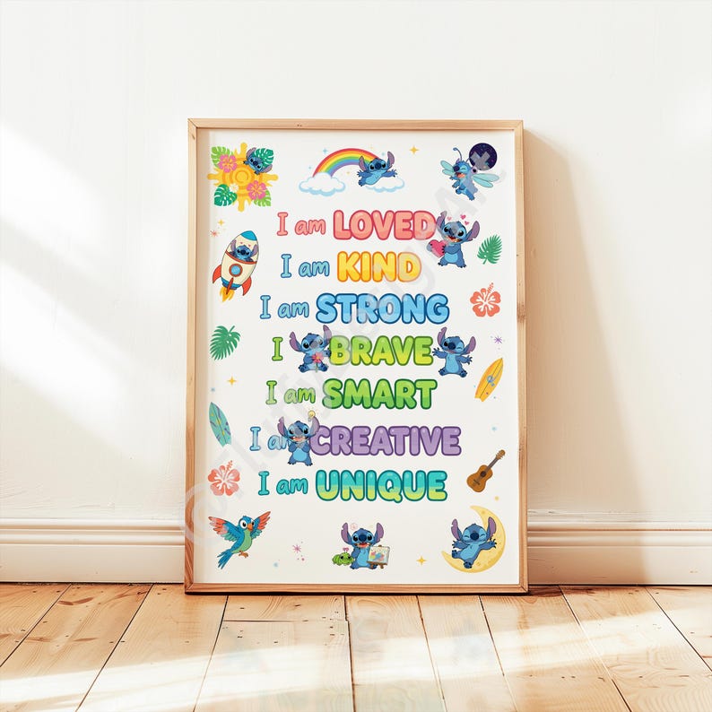 May include: A framed print featuring the character Stitch with the phrases "I am LOVED, KIND, STRONG, BRAVE, SMART, CREATIVE, UNIQUE" in colorful text. The print includes illustrations of Stitch, a rainbow, flowers, and a rocket ship.