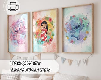 3 Pastel Lilo & Stitch Prints - Stitch and Angel Kids Room Decor, Nursery Posters, Ohana means Family, Stitch Theme, Kids Wall Art Hand-Draw