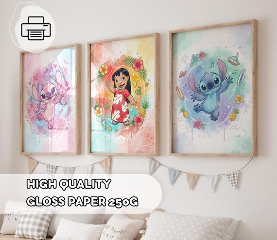 3 Pastel Lilo & Stitch Prints - Stitch and Angel Kids Room Decor, Nursery Posters, Ohana means Family, Stitch Theme, Kids Wall Art Hand-Draw