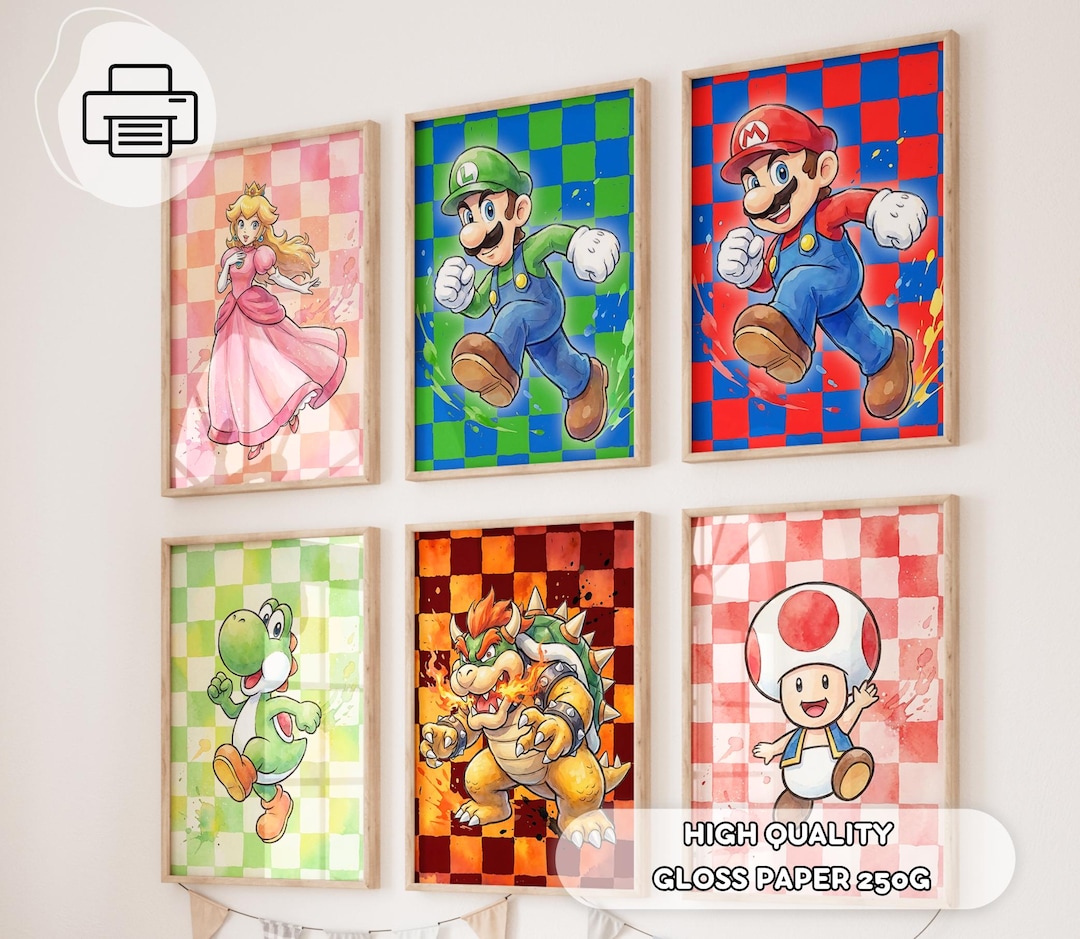 6 Mario Bros Checkered Wall Art, Hand-drawing Prints, Kids Room Decor ...