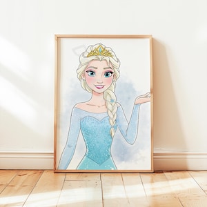 May include: A framed print featuring a watercolor illustration of a woman with blonde hair, wearing a blue dress and a gold crown. The artwork has a light blue watercolor background and is displayed in a wooden frame.