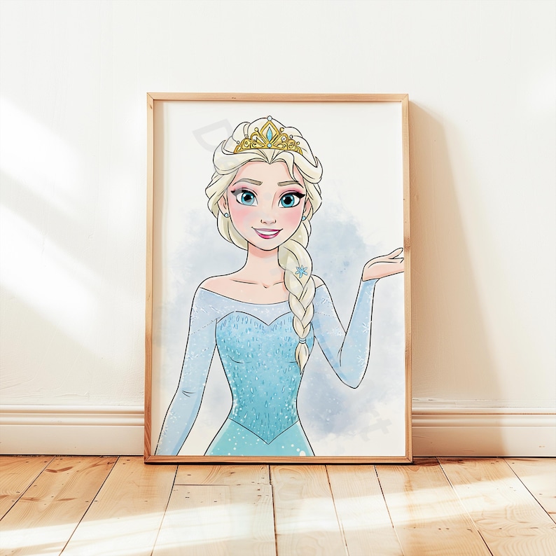 May include: A framed print featuring a watercolor illustration of a woman with blonde hair, wearing a blue dress and a gold crown. The artwork has a light blue watercolor background and is displayed in a wooden frame.