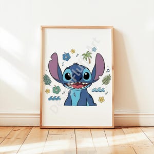May include: A framed print featuring a blue cartoon character with large ears and a wide smile. The character is surrounded by tropical elements like flowers, palm trees, and waves. The artwork is set against a white background.