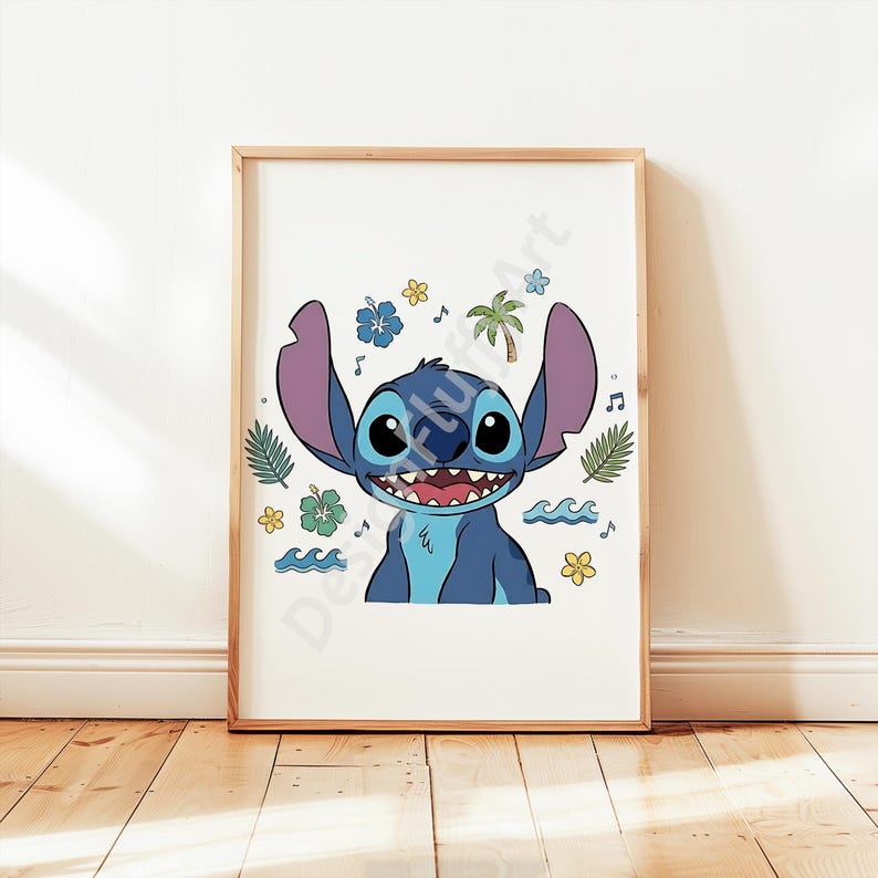 May include: A framed print featuring a blue cartoon character with large ears and a wide smile. The character is surrounded by tropical elements like flowers, palm trees, and waves. The artwork is set against a white background.