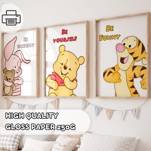 May include: Three framed prints featuring Winnie the Pooh characters. Piglet, Winnie the Pooh, and Tigger are shown with the phrases "Be Friendly", "Be Yourself", and "Be Funny". The prints are on high-quality gloss paper, 250g.