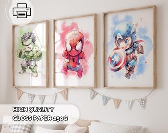 Juego de 3 láminas de Los Vengadores: Arte mural de superhéroes para habitación infantil o guardería. Láminas de héroes de acción, decoración infantil, láminas para sala de juegos y habitación infantil.