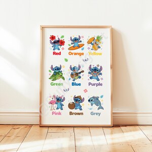 May include: A framed print featuring the character Stitch in various poses, each representing a different color. The colors are labeled: red, orange, yellow, green, blue, purple, pink, brown, and grey. The print is displayed on a wooden floor.