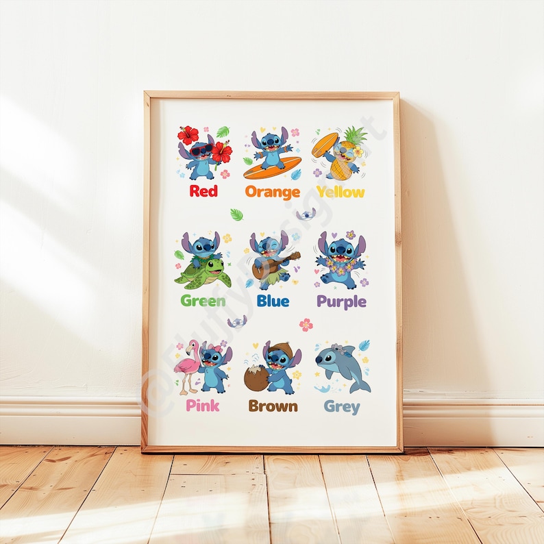 May include: A framed print featuring the character Stitch in various poses, each representing a different color. The colors are labeled: red, orange, yellow, green, blue, purple, pink, brown, and grey. The print is displayed on a wooden floor.