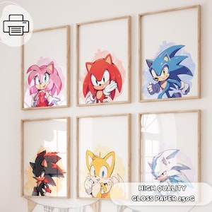 6 impresiones de Sonic The Hedgehog: póster de Sonic en acuarela, arte de pared de Sonic, impresiones para guardería, decoración de Sonic para sala de juegos, Tails, Amy Rose, Knuckles