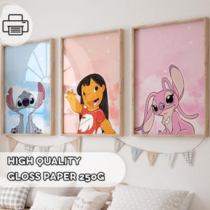 May include: Three framed art prints featuring characters from a popular animated film. The prints showcase Stitch, Lilo, and Angel, each set against a colorful background. The text "HIGH QUALITY GLOSS PAPER 250G" is displayed below the prints.