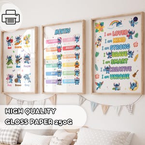 May include: Three framed prints featuring the character Stitch. One print displays colors with Stitch, another shows months, and the third has positive affirmations. The prints are on high-quality gloss paper.