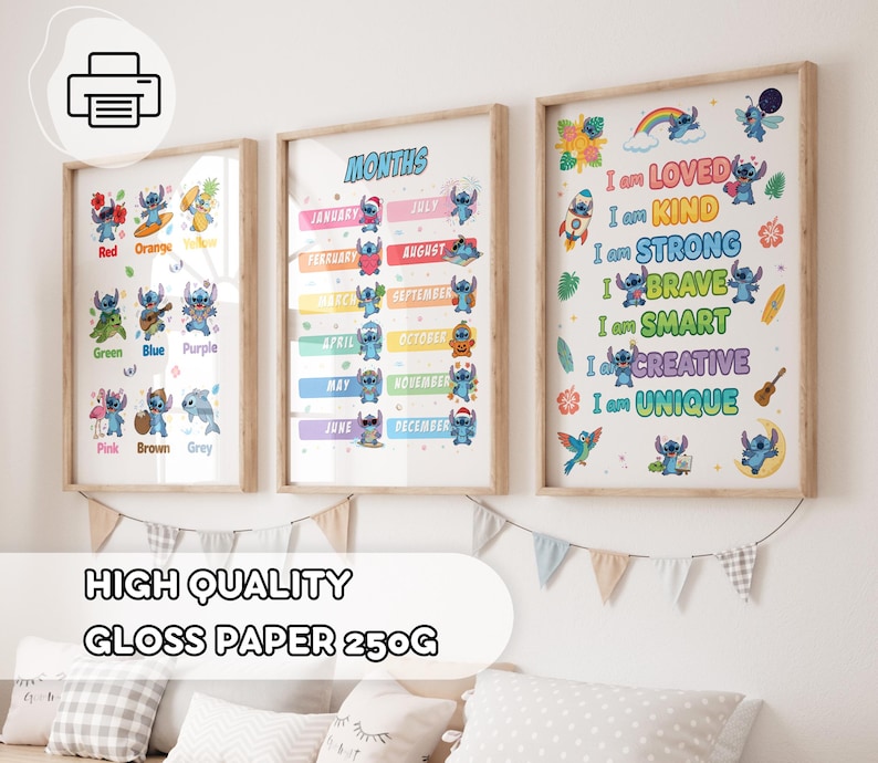 May include: Three framed prints featuring the character Stitch. One print displays colors with Stitch, another shows months, and the third has positive affirmations. The prints are on high-quality gloss paper.