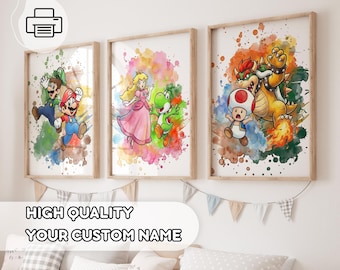 3 Watercolor Super Mario Bros Prints - Splash Mario Wall Art, Gift for Kids, Gaming Room, Boys Room Decor, Nursery Decoration, Toddler Room