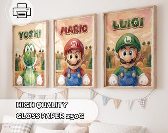 May include: Three framed wall art prints featuring watercolor-style illustrations of Yoshi, Mario, and Luigi. Each print displays the character's name in bold letters above the figure, set against a background of hills and pipes.