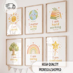 Conjunto de 6 pôsteres infantis com afirmações positivas: "Eu sou feliz", "Eu importo", "Eu sou forte", decoração de parede para sala de jogos e sala de aula, promovendo uma mentalidade de crescimento.