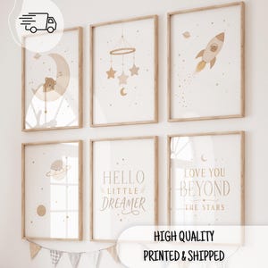 Boho Celestial Nursery Prints Set of 6, Moon Stars Rocket Teddy Bear Wall Art, Gender Neutral Baby Room Decor Printed Posters Gift