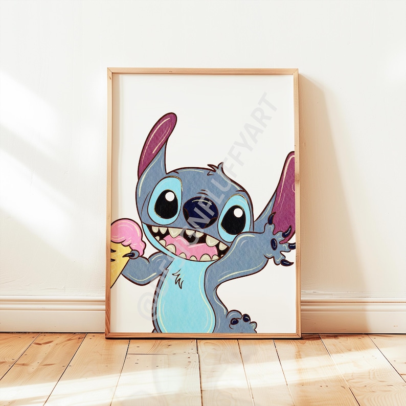 May include: A framed print featuring a cartoon illustration of Stitch from Lilo & Stitch. Stitch is blue with large eyes, holding a pink ice cream cone. The artwork has a white background and is in a wooden frame.