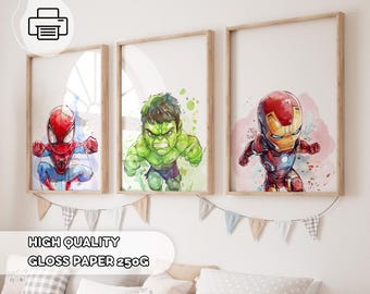 3 Zeichnungen von Superhelden-Drucken – Drucke für Kinder, Jungenzimmer-Dekor, Avengers-Poster, Babyparty, Aquarell, Spielzimmer-Wandkunst, Geschenk für Jungen