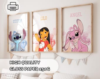 3 affiches minimalistes Lilo & Stitch - Stitch et Angel, décoration de chambre d'enfant, affiches de chambre d'enfant, Ohana signifie famille, affiches Stitch, art mural de salle de jeux