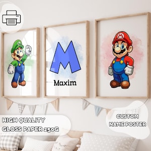Set di 3 poster personalizzati di Super Mario Bros - Poster con il tuo nome, decorazioni per la cameretta dei bambini, arte murale per la cameretta dei bambini, poster stampabile personalizzato, arte di Mario e Luigi