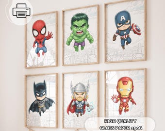 May include: Six framed prints featuring cartoon superheroes: Spider-Man, Hulk, Captain America, Batman, Thor, and Iron Man. The prints are displayed on a white wall. The text "HIGH QUALITY GLOSS PAPER 250G" is visible at the bottom.