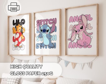 3 affiches modernes Lilo & Stitch - Stitch et l'ange, décoration pour chambre d'enfant, posters pour chambre de bébé, Ohana signifie famille, ensemble d'affiches Stitch, art pour chambre de tout-petit