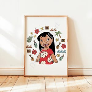 May include: A framed print featuring a smiling cartoon girl in a red dress with white leaf designs. The print is surrounded by tropical themed illustrations, including flowers, guitars, waves, and palm trees. The artwork is set against a white background.