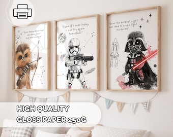 Set van 3 Star Wars-prints - Ruimtekamerdecoratie, met de hand getekende Star Wars-muurkunst, filmposter, cadeau voor jongens, speelkamerposters, motivatie