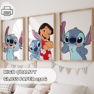 May include: Three framed prints featuring characters from the animated film Lilo & Stitch. The prints showcase Stitch, Lilo, and Stitch again in various poses. The text "HIGH QUALITY GLOSS PAPER 250G" is displayed below the prints.