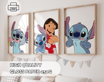 3 affiches minimalistes Lilo & Stitch - Stitch et Lilo, décoration de chambre d'enfant, affiches pour chambre d'enfant, Ohana signifie Famille, ensemble d'affiches Stitch, chambre d'enfant