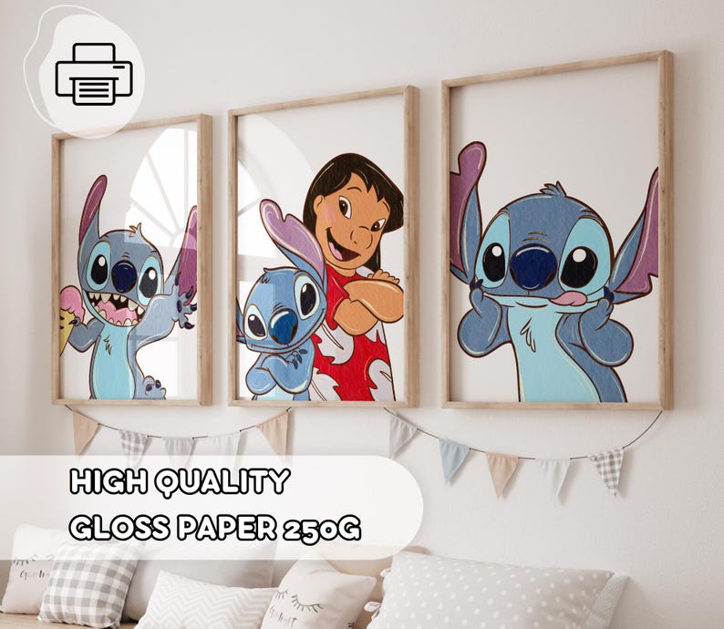 May include: Three framed prints featuring characters from the animated film Lilo & Stitch. The prints showcase Stitch, Lilo, and Stitch again in various poses. The text "HIGH QUALITY GLOSS PAPER 250G" is displayed below the prints.