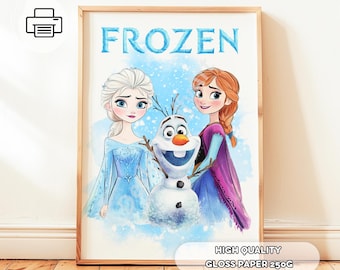 May include: A printable poster featuring the characters Elsa and Anna from the movie Frozen, along with Olaf the snowman. The poster has a watercolor background and the word "FROZEN" in large, bold letters at the top.