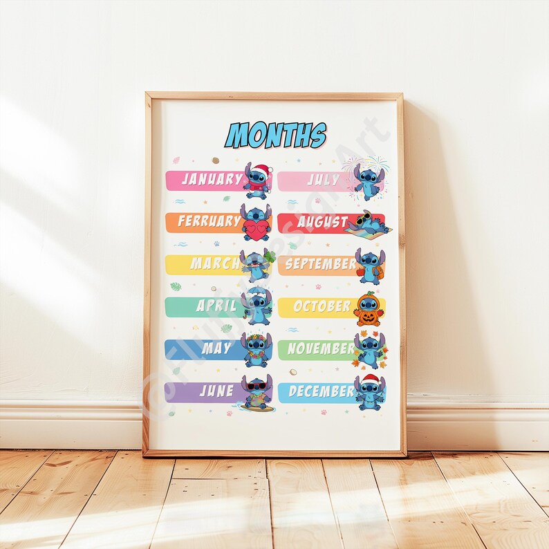May include: A framed print featuring the word "MONTHS" above a colorful calendar. Each month is represented with a cartoon character in various seasonal outfits. The print is in a wooden frame and is displayed against a white wall.