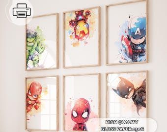 6 Minimalistische Superhelden Wandkunst - Avengers Prints, Superhelden Poster Set, Jungenzimmer Dekor, Spielzimmer Dekor, Geburtstag Party Dekor, Jungen Geschenk