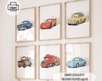 May include: Six framed prints featuring cartoon cars in various colors. The cars include a blue sedan, a red race car, a yellow compact car, a brown tow truck, a red semi-truck, and a light blue sports car. The prints are on white backgrounds.