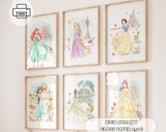 May include: Six framed watercolor prints featuring Disney princesses: Ariel, Rapunzel, Snow White, Jasmine, Tiana, and Belle. Each print showcases a princess with her iconic setting. The prints are displayed on a white wall. Text on the bottom reads "HIGH QUALITY GLOSS PAPER 250G".