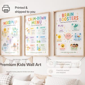 Kids Self Regulation Posters Set of 3, Mood Map, Calm Down Menu, Brain Boosters, Coping Skills, Printed Calm Corner Wall Art