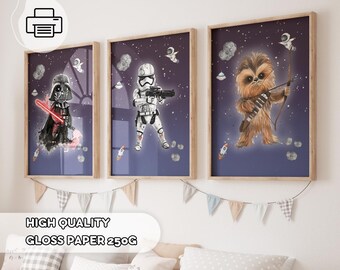 Star Wars Nursery Poster Set - Darth Vader, Stormtrooper and Chewbacca Wall Art for Kids Room Baby Boy Room Decor or Gift Idea, Space Themed