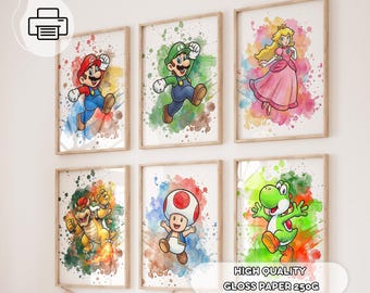 May include: Six framed prints featuring watercolor illustrations of characters from a popular video game series. The characters include Mario, Luigi, Princess Peach, Bowser, Toad, and Yoshi, set against colorful paint splatters. The text "HIGH QUALITY GLOSS PAPER 250G" is visible.