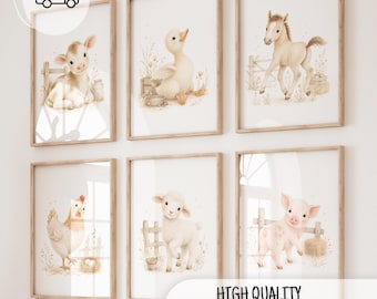 May include: Six framed wall art prints featuring watercolor illustrations of a calf, duckling, foal, chicken, lamb, and piglet in a farm setting. The prints are displayed in light wood frames with white backgrounds and include text overlays.