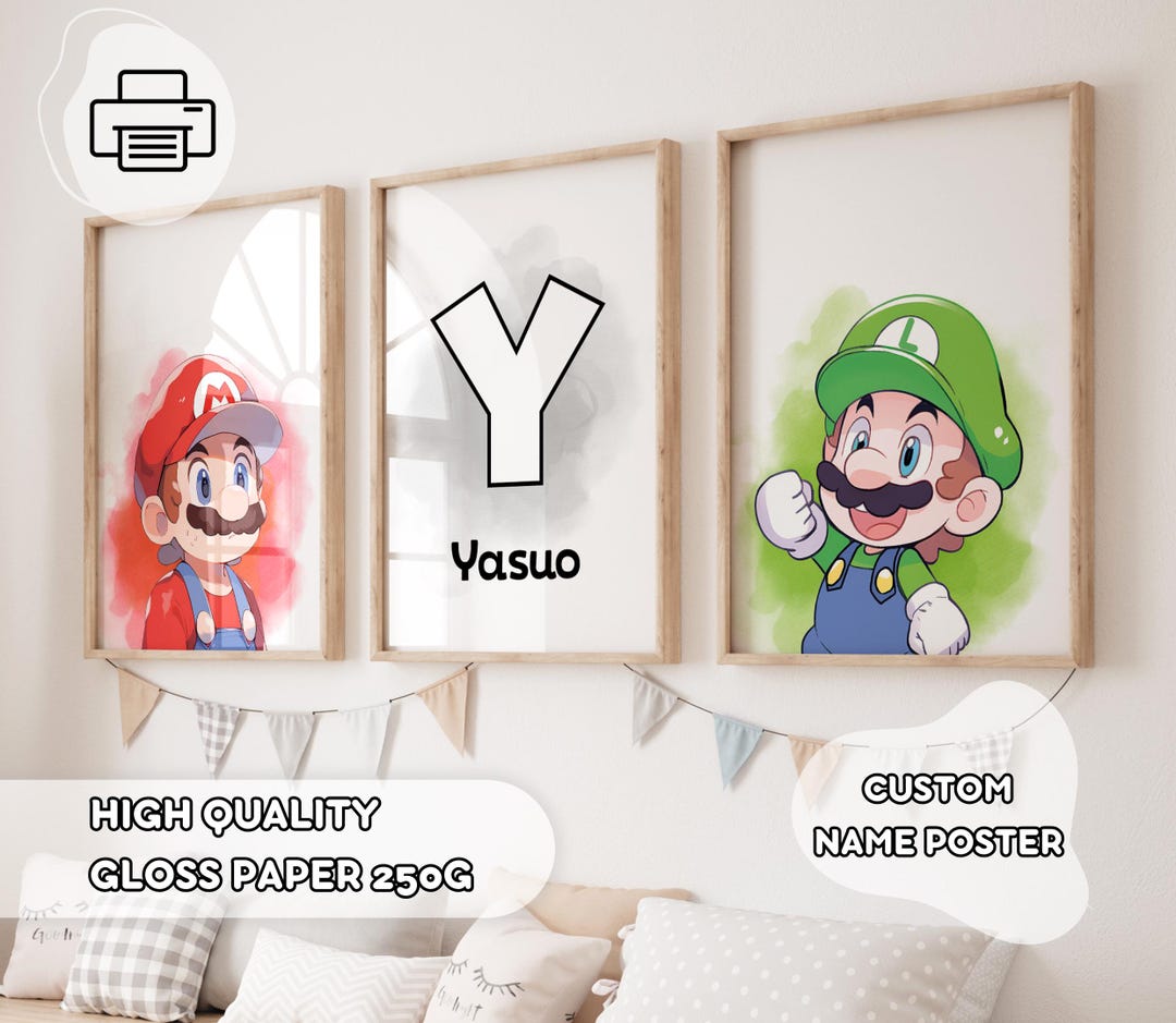 Set of 3 Custom Super Mario Bros Poster - Your Name Poster, Kids Room ...