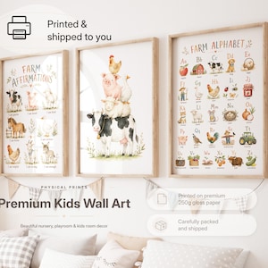 Farm Alphabet Nursery Prints Set of 3, Farm Animals Wall Art, Cow Pig Sheep Affirmations, Farmhouse Kids Room Decor, Printed Posters Gift