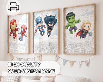 May include: Three framed prints featuring cartoon superheroes: Iron Man, Spider-Man, Captain America, Batman, Hulk, and Thor. Each character is depicted in a dynamic pose against a cityscape backdrop. The frames are light-colored wood.