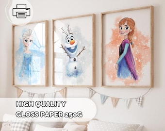May include: Three framed art prints featuring watercolor illustrations of characters from a popular animated film. The prints include Elsa, Olaf the snowman, and Anna. The text "HIGH QUALITY GLOSS PAPER 250G" is displayed below the prints.