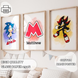 3 Custom Sonic The Hedgehog Prints - Personalized Sonic Wall Art, Nursery Decor, Prints for Kids, Sonic Gift, Baby Shower, Boys Gift, Shadow