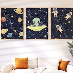 3 arte de la pared del espacio de la guardería - decoración de la habitación espacial, cartel de astronauta-luna, cartel de dibujos animados, 3 carteles de la guardería, ducha de la habitación del bebé, regalo para los niños