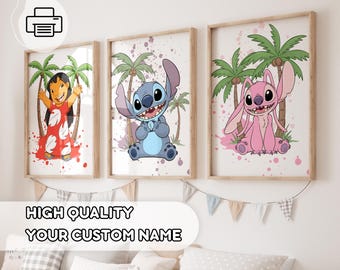 3 affiches aquarelles Lilo & Stitch, Stitch et un ange, décoration pour chambre d'enfant, posters pour chambre de bébé, Ohana signifie famille, thème Stitch, art mural pour enfants