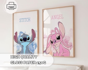 2 Minimalist Stitch & Angels Prints - Stitch Watercolor Posters, Lilo and Stitch, Ohana Means Family, Room Decor, Playroom, Kids Wall Art